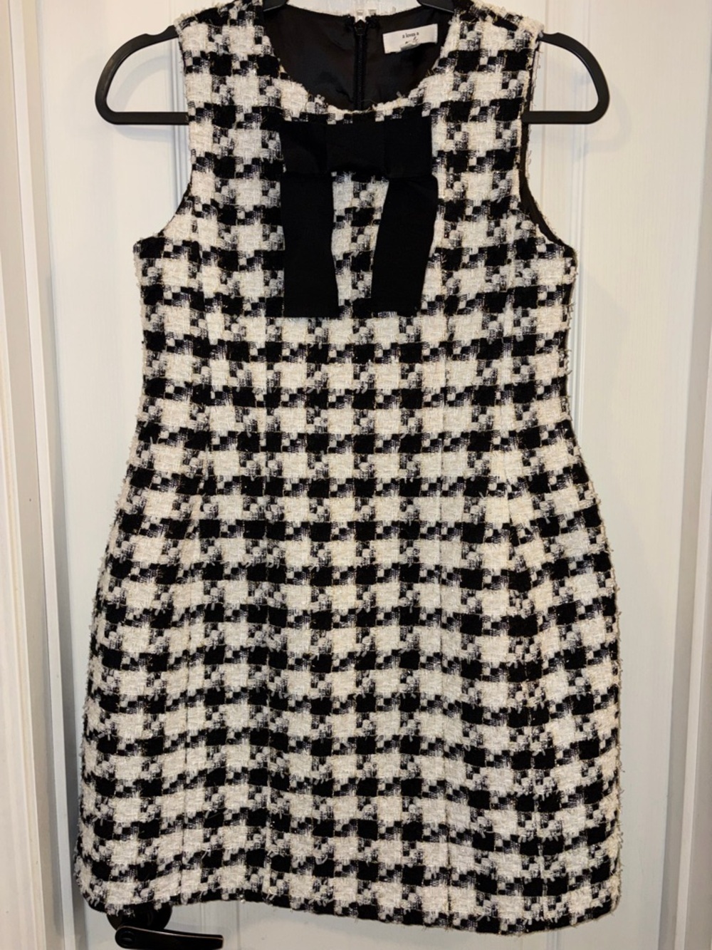 A loves A girls Black & White Houndstooth Bouclé Shift Dress with Bow